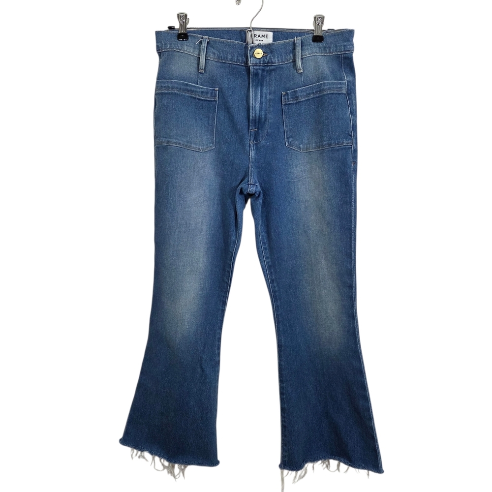 FRAME Le Bardot Crop Flare Jeans in Fenix Beach Wash Boho Raw Hem Size 29